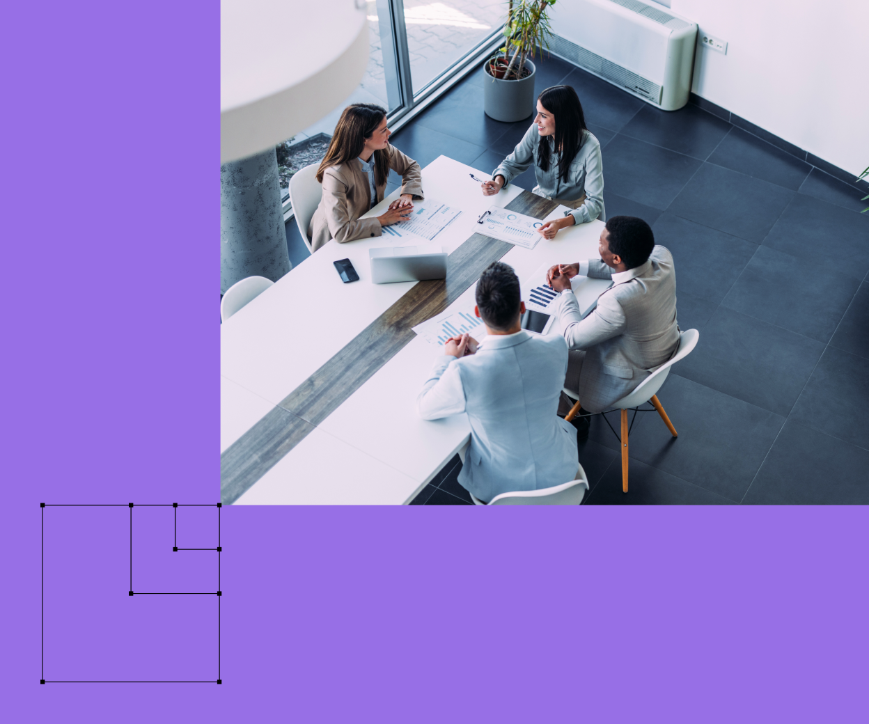 Photo of team working in office with some graph elements overlaid on top