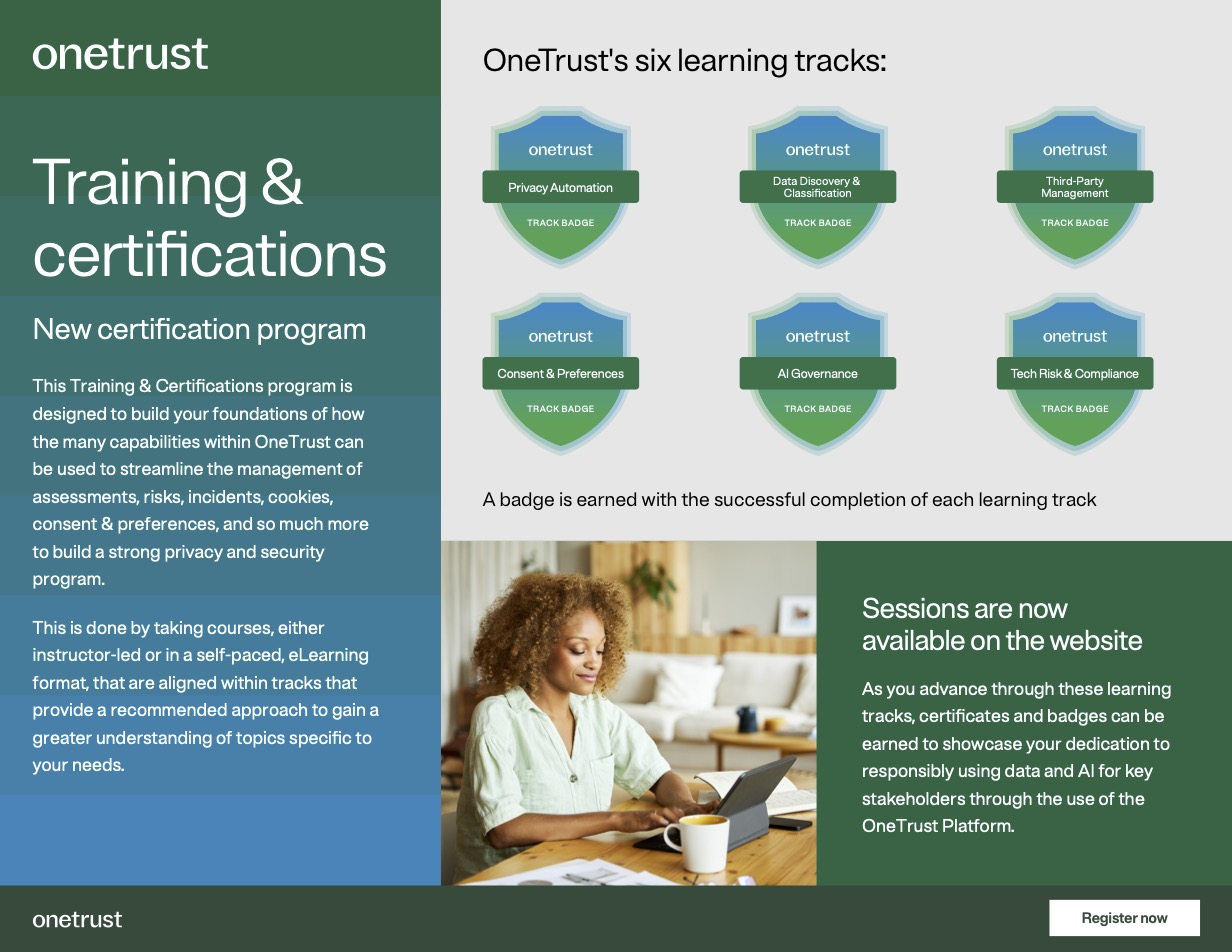 Infographic explaining the updated OneTrust training and certification program