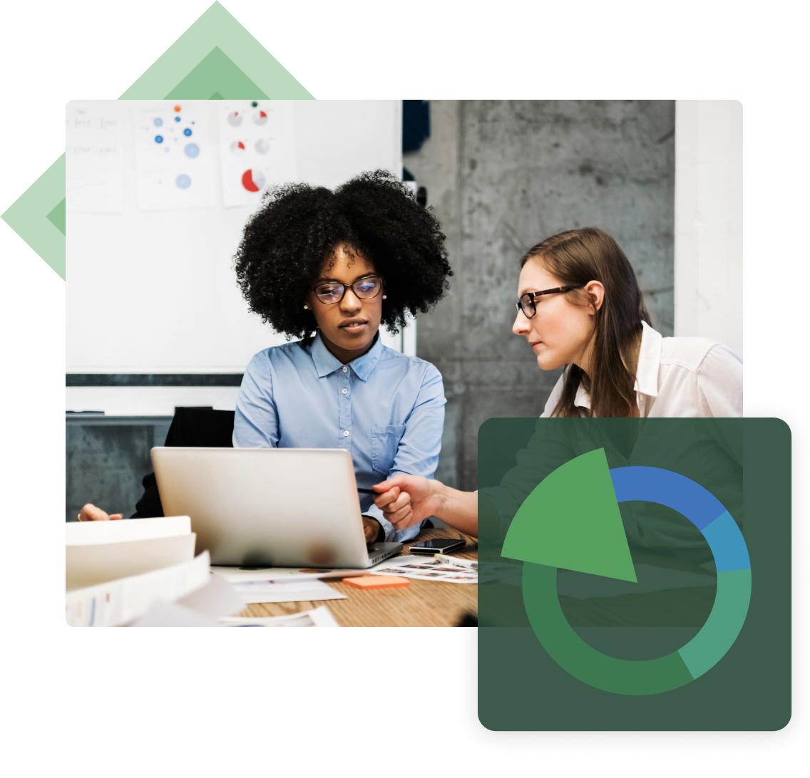 Photo of colleagues brainstorming at a desk in an office with some onetrust branded elements over top 