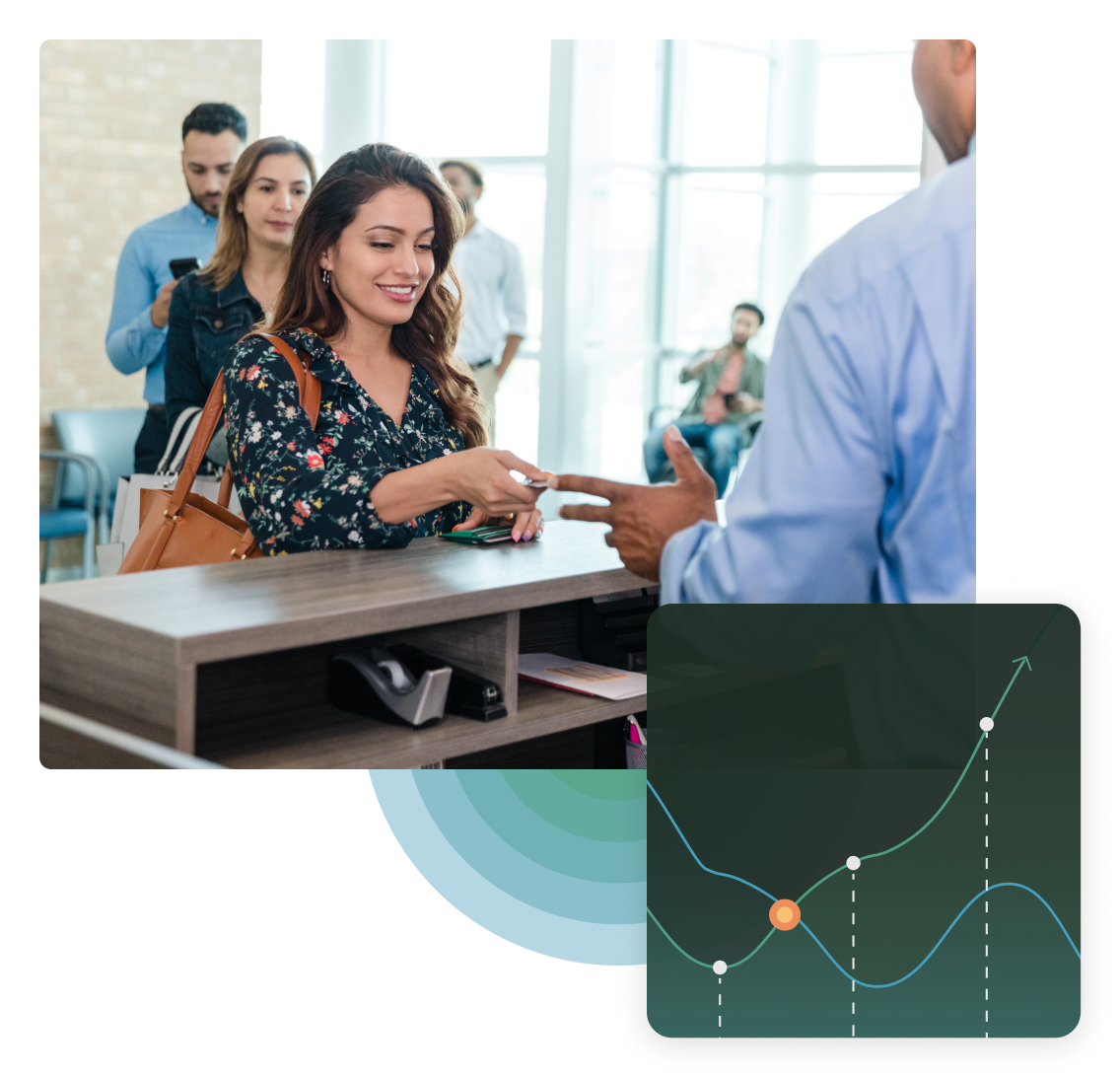 Photo of woman at a bank with a line graph and one onetrust branded elements overlaid on top