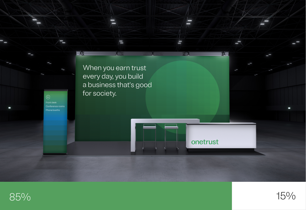 OneTrust conference booth with percentage of color to white ratio at the bottom